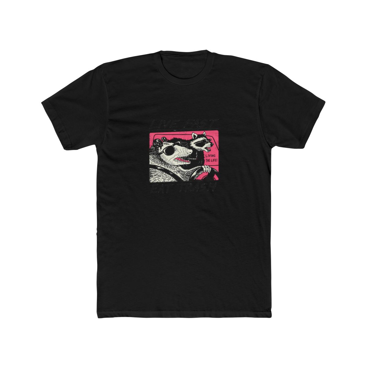 White T Shirt featuring a graphic of two animals driving a car. The text "Live Fast Eat Trash" is printed on the shirt. The animals are a raccoon and a possum. The raccoon is wearing sunglasses and... - alternate angle 3, merchandise