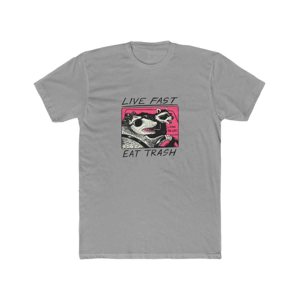 White T Shirt featuring a graphic of two animals driving a car. The text "Live Fast Eat Trash" is printed on the shirt. The animals are a raccoon and a possum. The raccoon is wearing sunglasses and... - alternate angle 5, merchandise