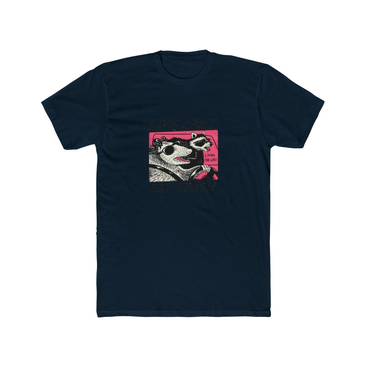 White T Shirt featuring a graphic of two animals driving a car. The text "Live Fast Eat Trash" is printed on the shirt. The animals are a raccoon and a possum. The raccoon is wearing sunglasses and... - alternate angle 2, merchandise