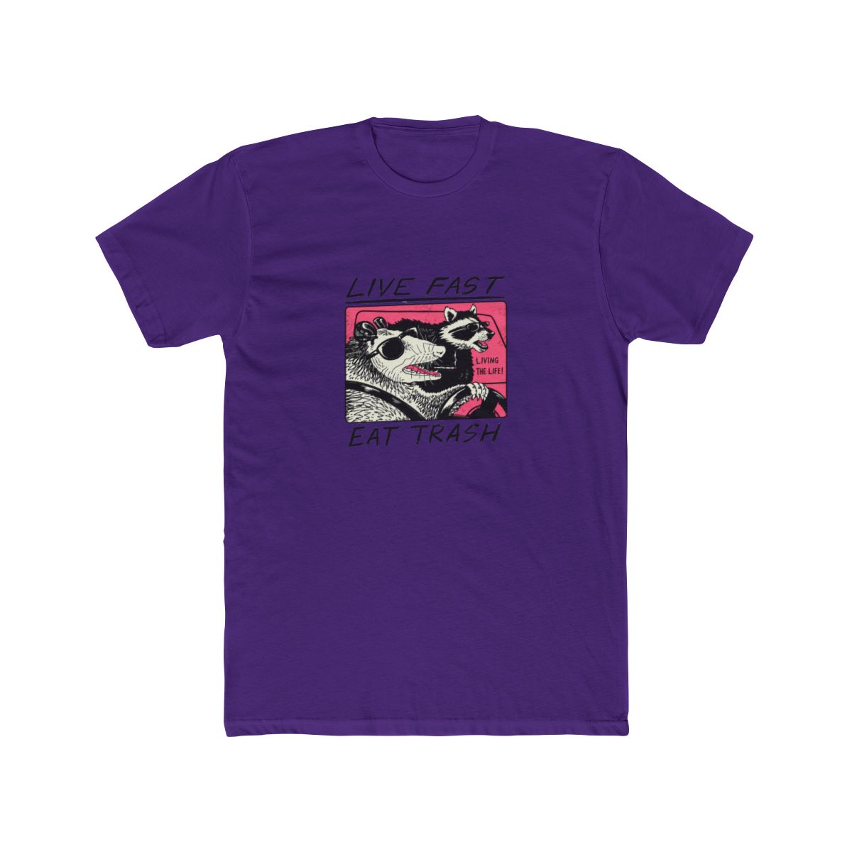 White T Shirt featuring a graphic of two animals driving a car. The text "Live Fast Eat Trash" is printed on the shirt. The animals are a raccoon and a possum. The raccoon is wearing sunglasses and... - alternate angle 4, merchandise