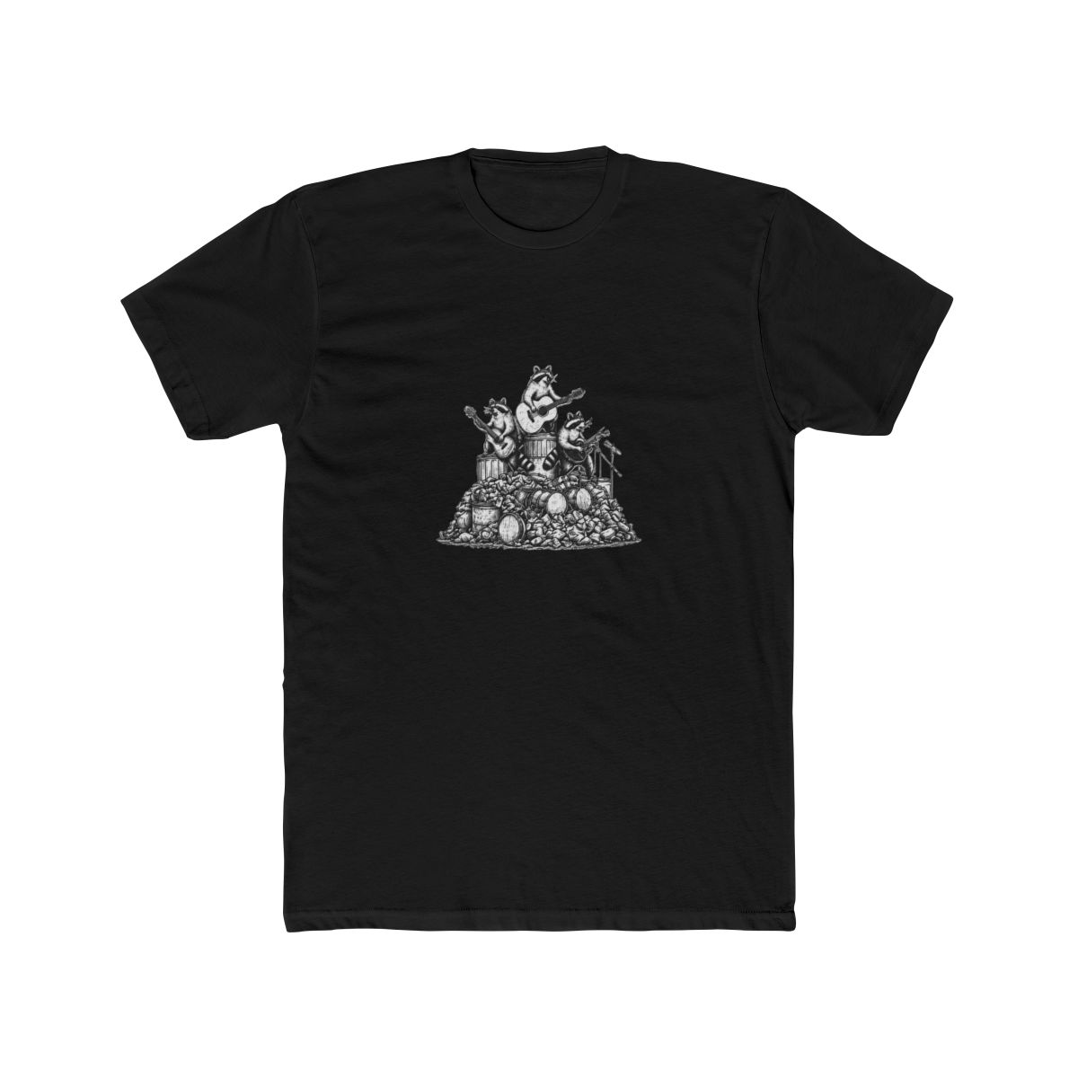 Dark grey T Shirt with the text "MORE TRASH CAN LESS TRASH CAN'T". The shirt features a graphic of raccoons playing musical instruments on top of a pile of trash and drums - alternate angle 5, merchandise