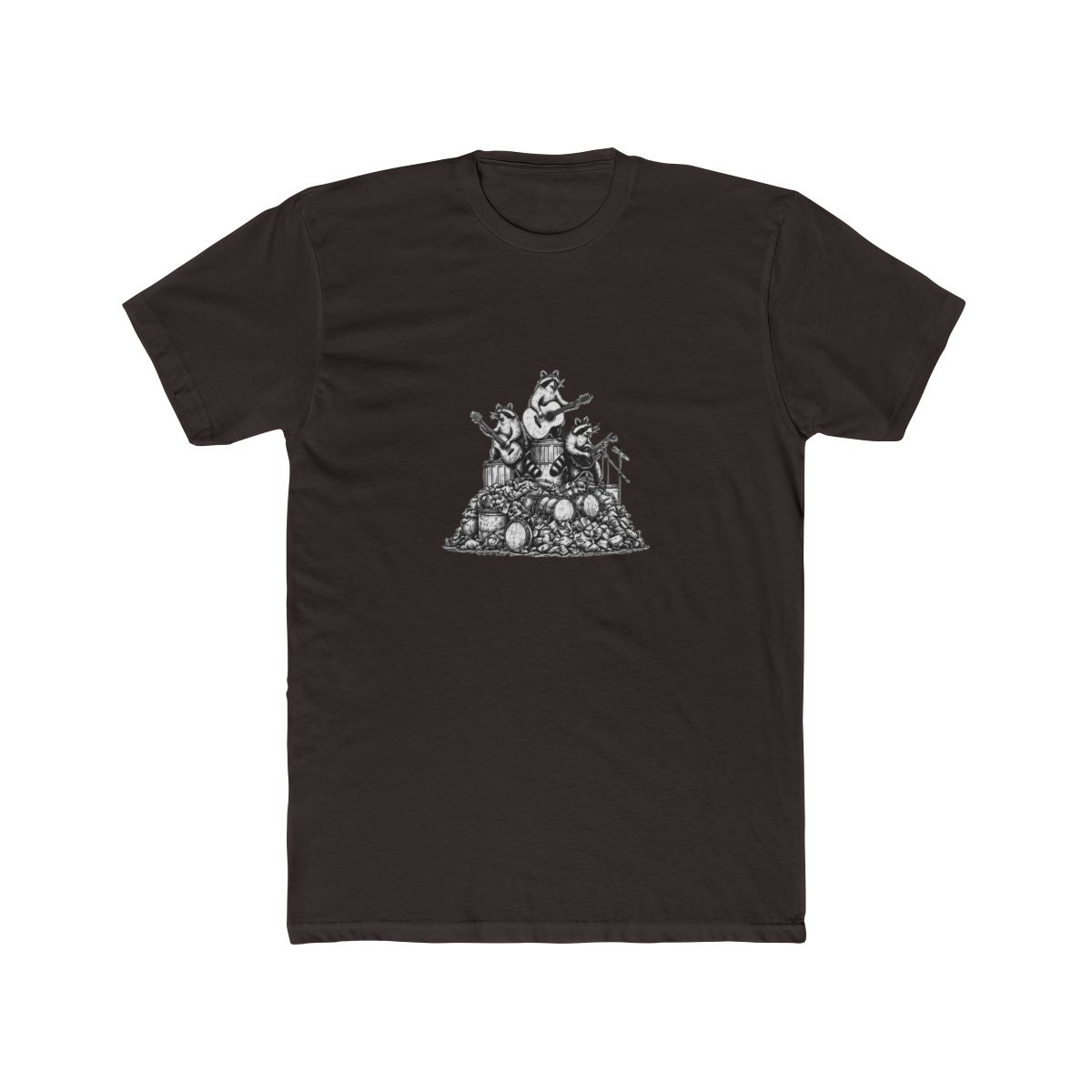 Dark grey T Shirt with the text "MORE TRASH CAN LESS TRASH CAN'T". The shirt features a graphic of raccoons playing musical instruments on top of a pile of trash and drums - alternate angle 4, merchandise