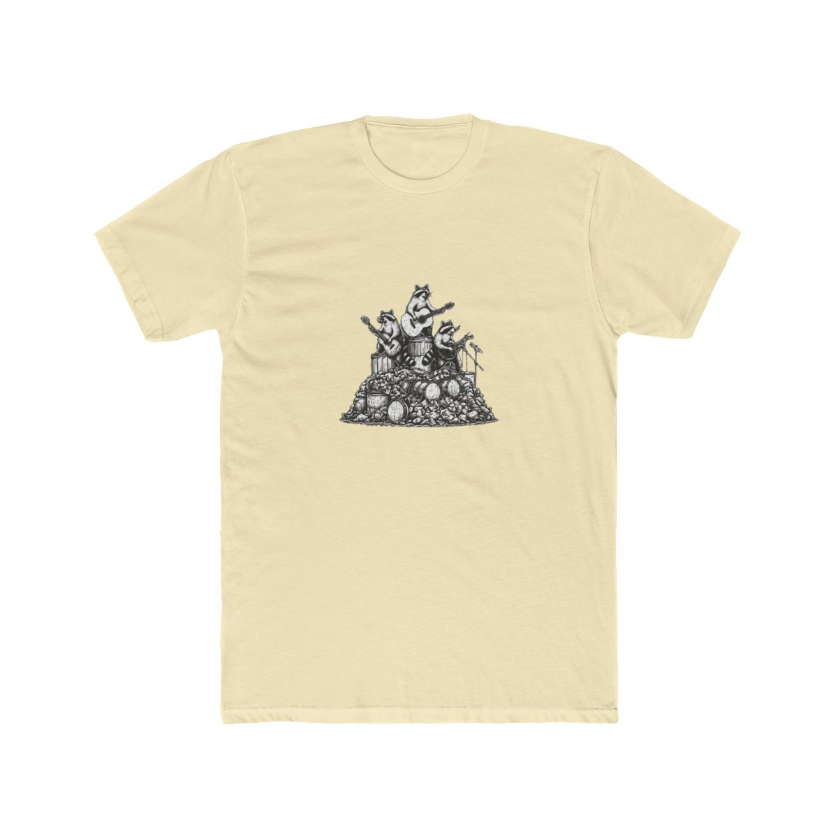 Dark grey T Shirt with the text "MORE TRASH CAN LESS TRASH CAN'T". The shirt features a graphic of raccoons playing musical instruments on top of a pile of trash and drums - alternate angle 2, merchandise
