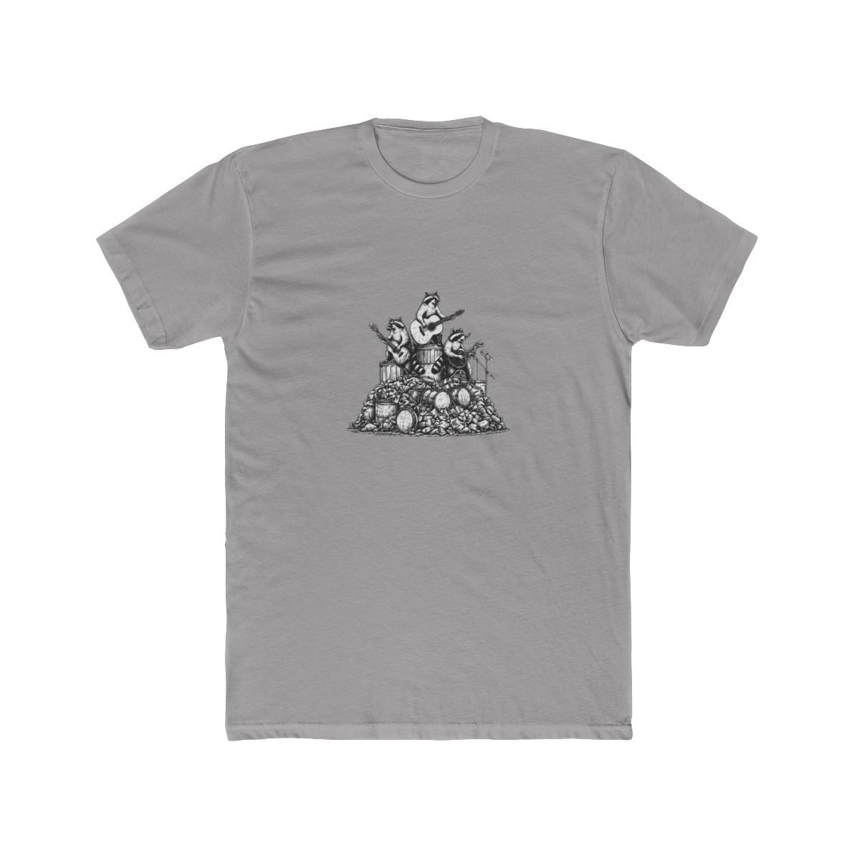 Dark grey T Shirt with the text "MORE TRASH CAN LESS TRASH CAN'T". The shirt features a graphic of raccoons playing musical instruments on top of a pile of trash and drums - alternate angle 3, merchandise