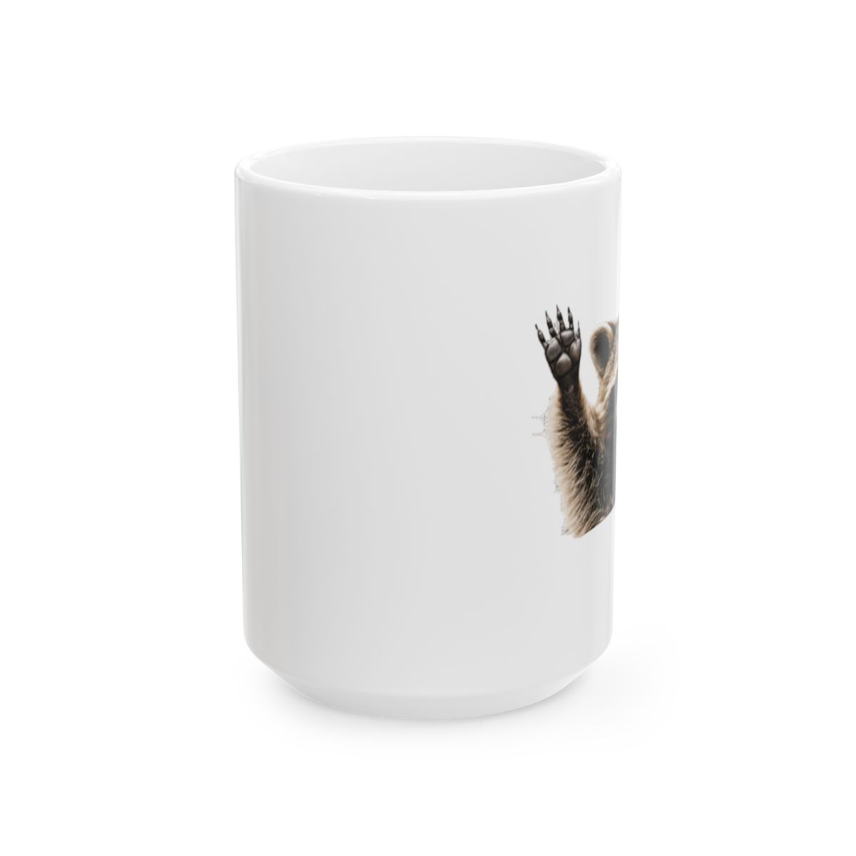 Black coffee mug featuring a white graphic of a raccoon in a bin. The text reads "It's a trash can, not a trash can't" - alternate angle 1, merchandise