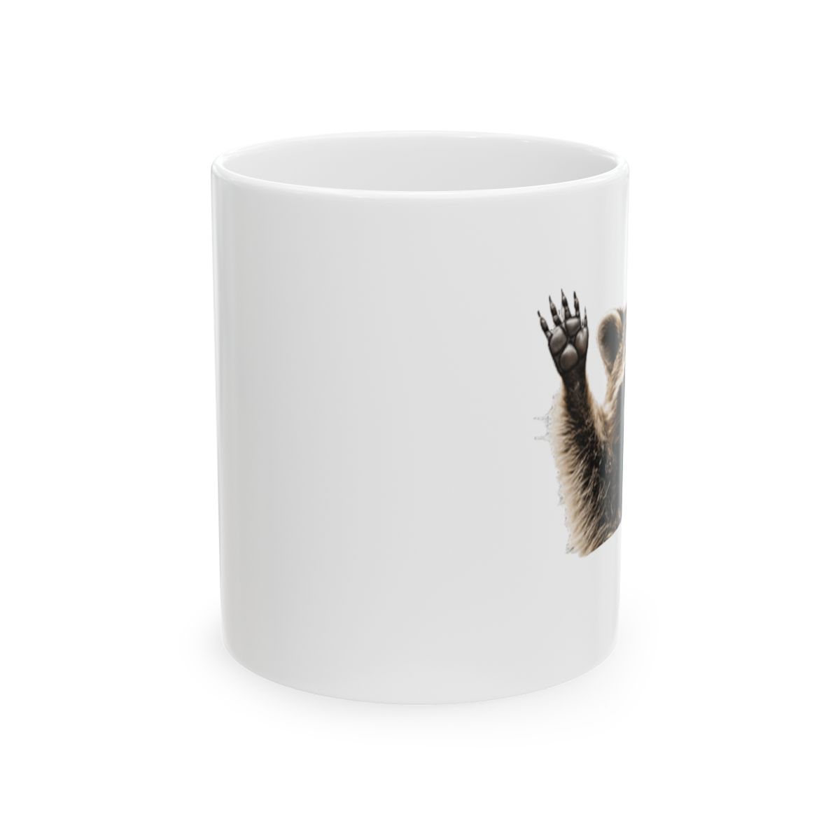 Black coffee mug featuring a white graphic of a raccoon in a bin. The text reads "It's a trash can, not a trash can't" - alternate angle 2, merchandise
