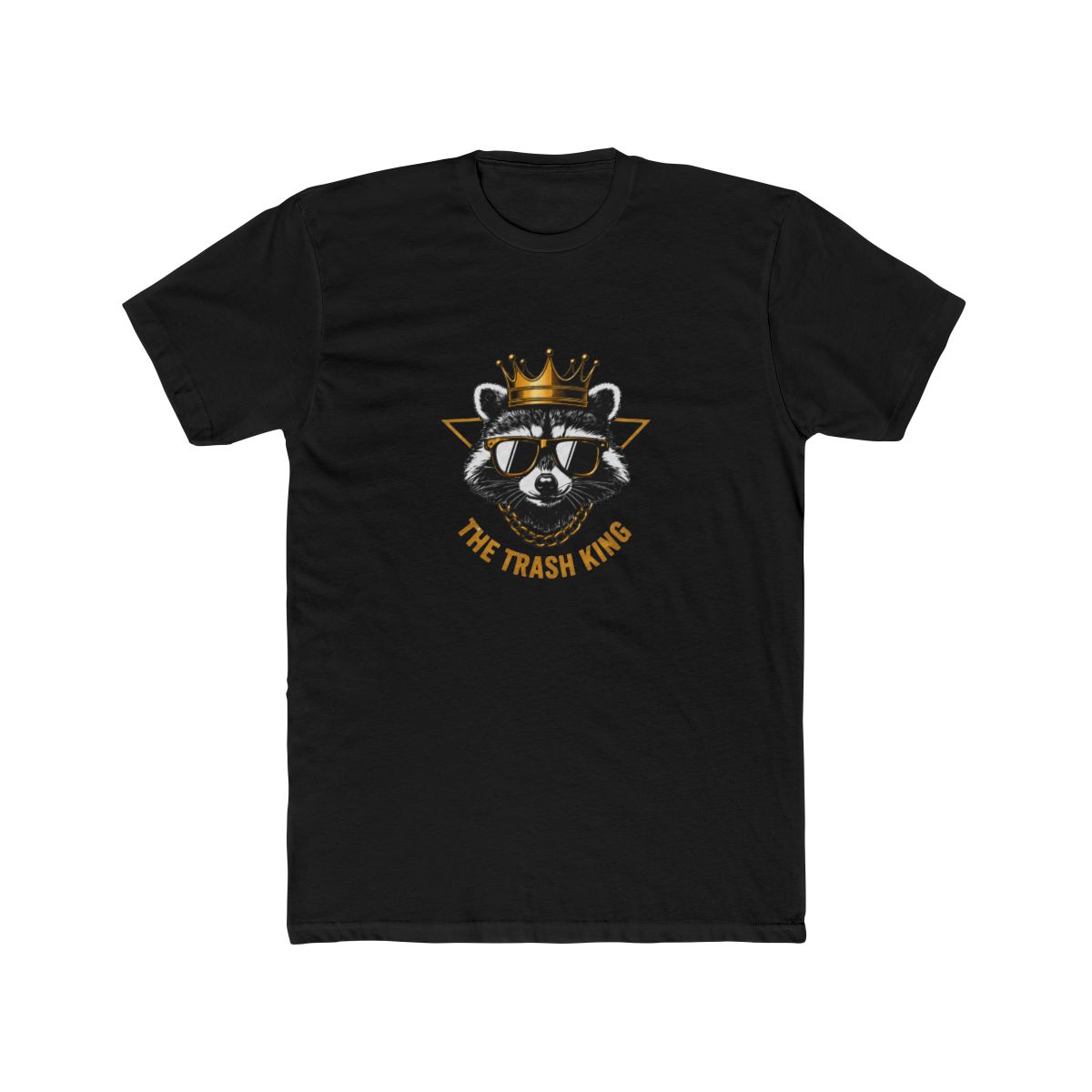 White T Shirt with a graphic of a raccoon wearing sunglasses and a gold crown, with the text "THE TRASH KING" in gold. The raccoon is set against a gold triangle. The shirt has a relaxed, oversized... - alternate angle 4, merchandise