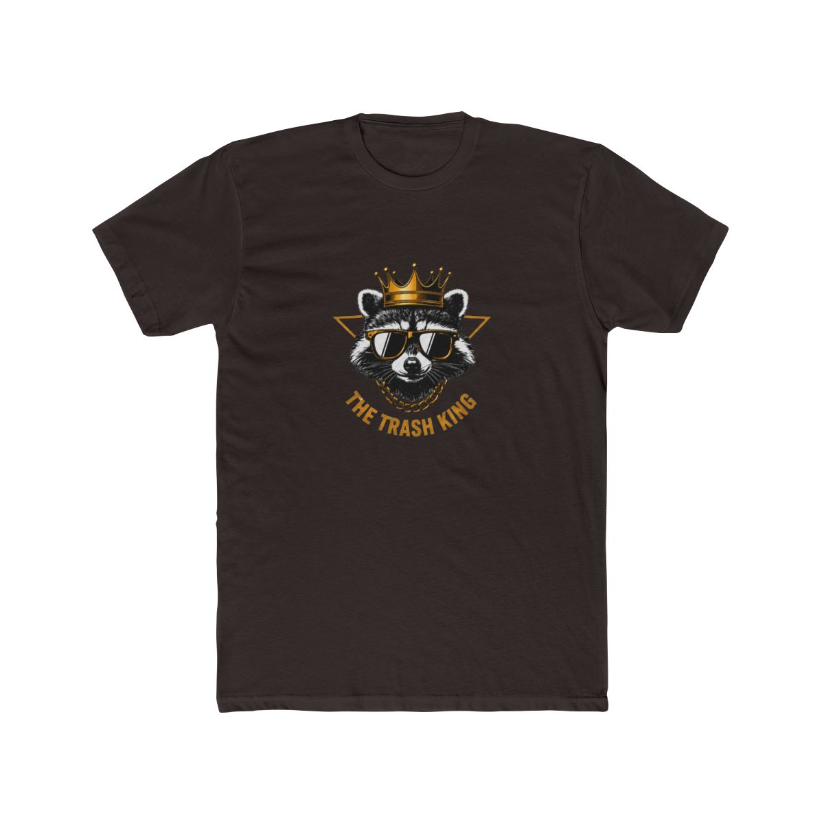 White T Shirt with a graphic of a raccoon wearing sunglasses and a gold crown, with the text "THE TRASH KING" in gold. The raccoon is set against a gold triangle. The shirt has a relaxed, oversized... - alternate angle 3, merchandise
