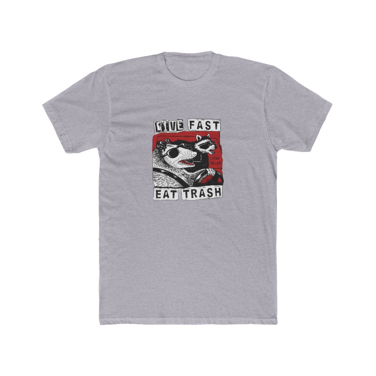 Black T Shirt featuring a graphic of two animals wearing sunglasses and driving a car. The text "Live Fast Eat Trash" is printed on the shirt. The text "Living the Life!" is printed on the graphic - alternate angle 3, merchandise
