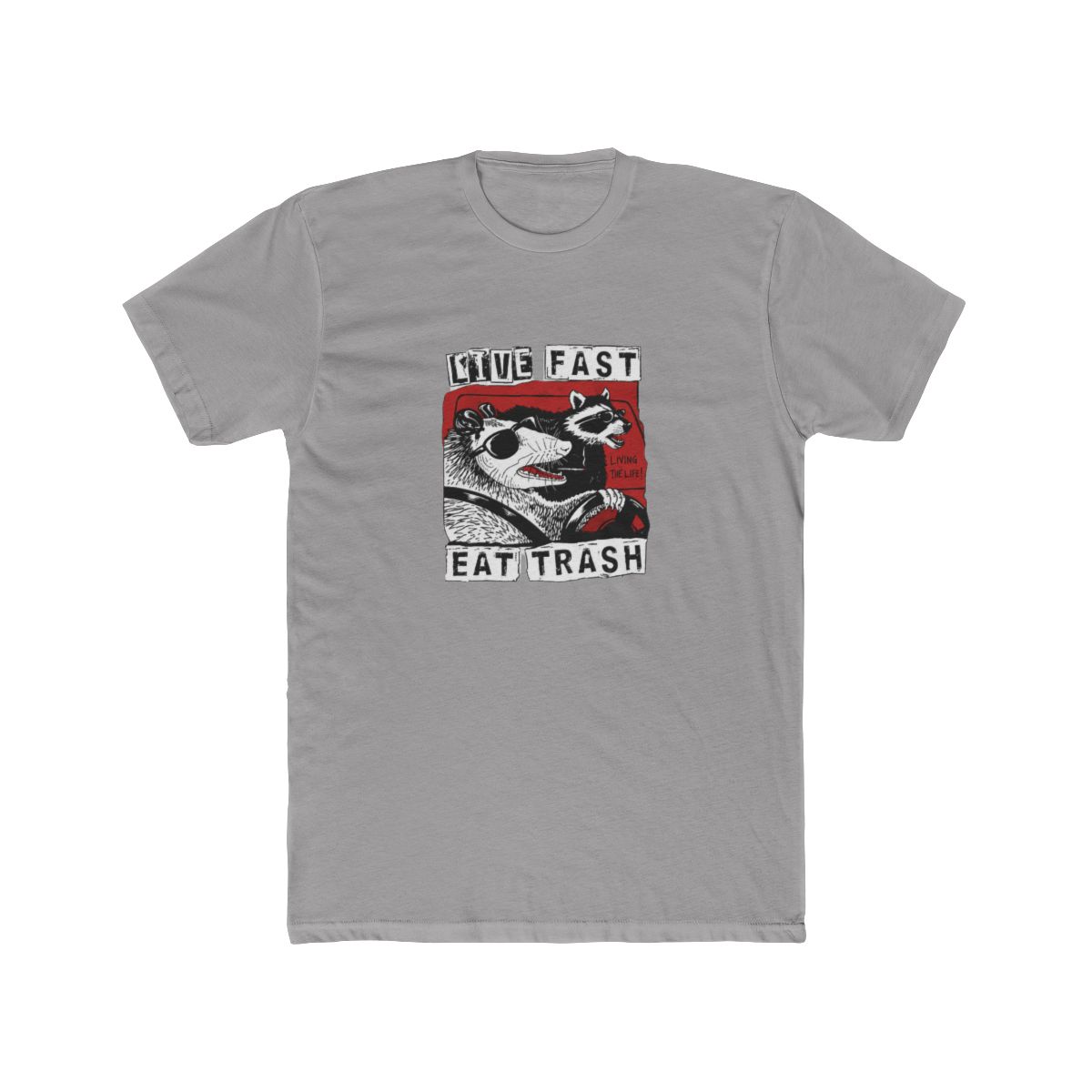 Black T Shirt featuring a graphic of two animals wearing sunglasses and driving a car. The text "Live Fast Eat Trash" is printed on the shirt. The text "Living the Life!" is printed on the graphic - alternate angle 4, merchandise