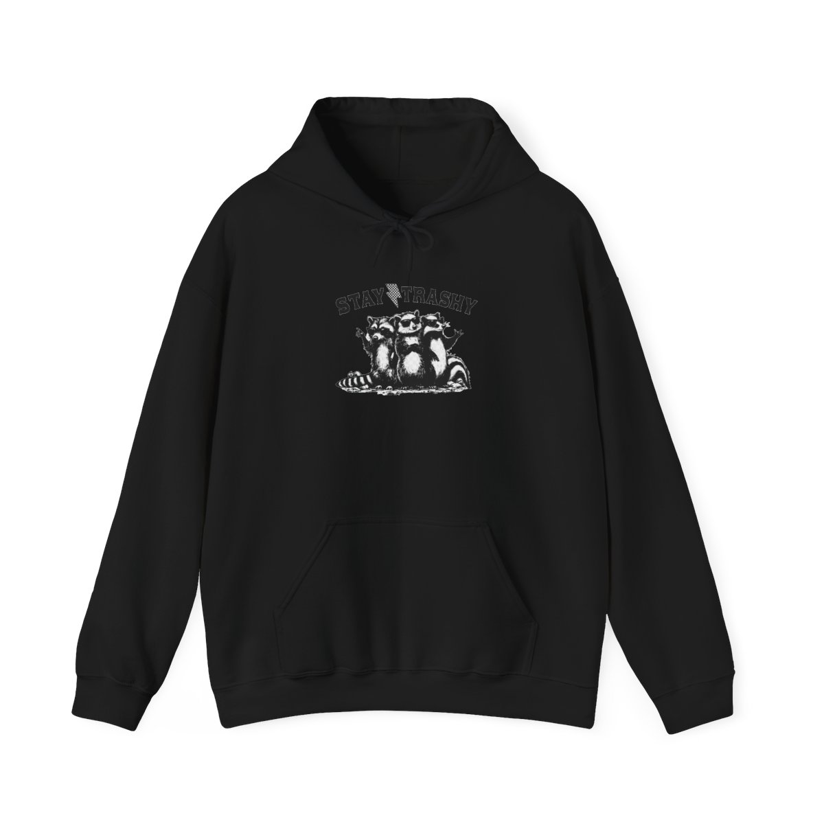 A light grey hoodie featuring the phrase "STAY TRASHY" and a black and white illustration of three raccoons wearing sunglasses. The raccoons are the main focus of the design